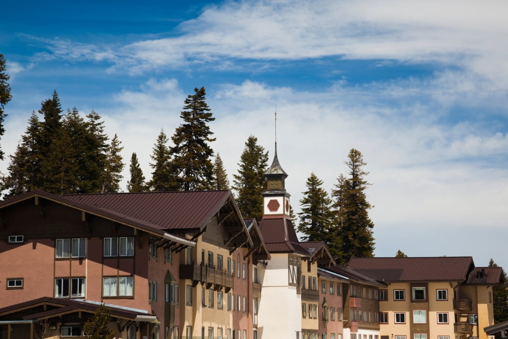 Low angle view of ski lodges Mammoth Mountain Ski Lodge Mammoth Lakes Mono County California USA Canvas Art - Panoramic Images (27 x 9)