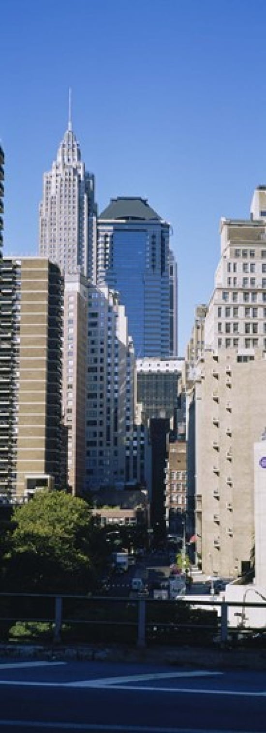 Low angle view of skyscrapers Manhattan New York City New York State USA Canvas Art - Panoramic Images (36 x 13)
