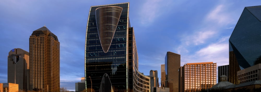 Low angle view of skyscrapers at dusk Dallas Texas USA Canvas Art - Panoramic Images (36 x 12)