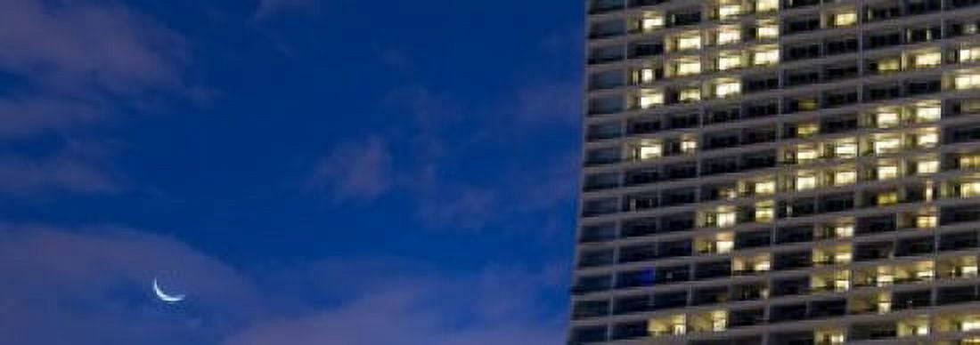 Low angle view of the Marina Bay Sands Shopping Centre with crescent moon Marina Bay Singapore Canvas Art - Panoramic Images (18 x 7)