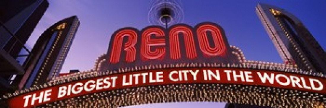 Low angle view of the Reno Arch at dusk Virginia Street Reno Nevada USA Canvas Art - Panoramic Images (36 x 12)