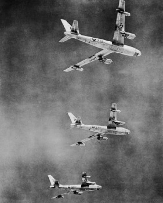 Low angle view of three fighter planes in flight B-47 Stratojet Canvas Art -  (18 x 24)