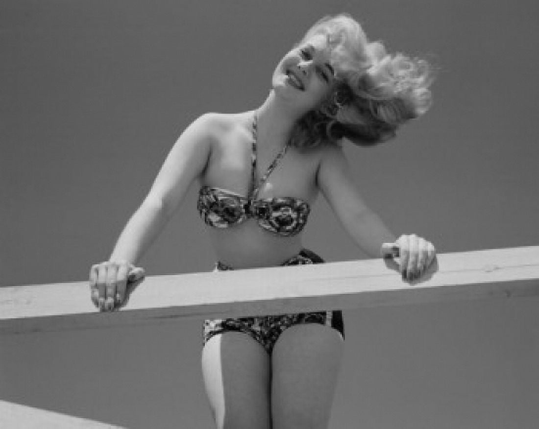 Low angle view of woman in bikini leaning on wooden fence Canvas Art -  (18 x 24)