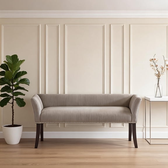 Low-back two-seater bench with flared arms, silver nailhead trim, classic gray polyester