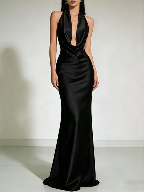 Low-cut halter neckline, fashionable and sexy backless evening gown