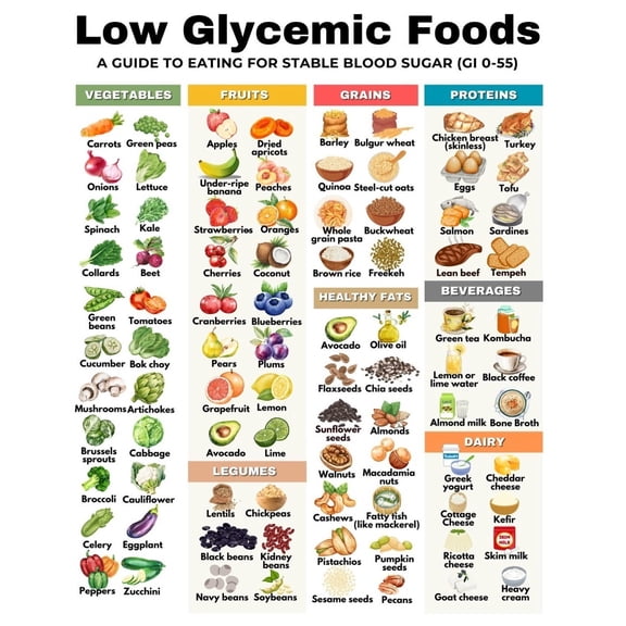 Low glycemic index chart poster, pre diabetes diet, pre diabetes food list, diabetes food guide, diabetes food chart, diabetes low carbohydrate diet plan poster