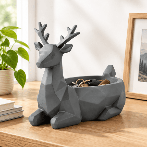 Low-poly Gray Deer Statue, Functional Candy Bowl & Key Holder Home Decor