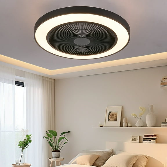 Low profile ceiling fan with RGB lighting, enclosed recessed ceiling fan, suitable for bedrooms/living rooms, 19.1 inches.