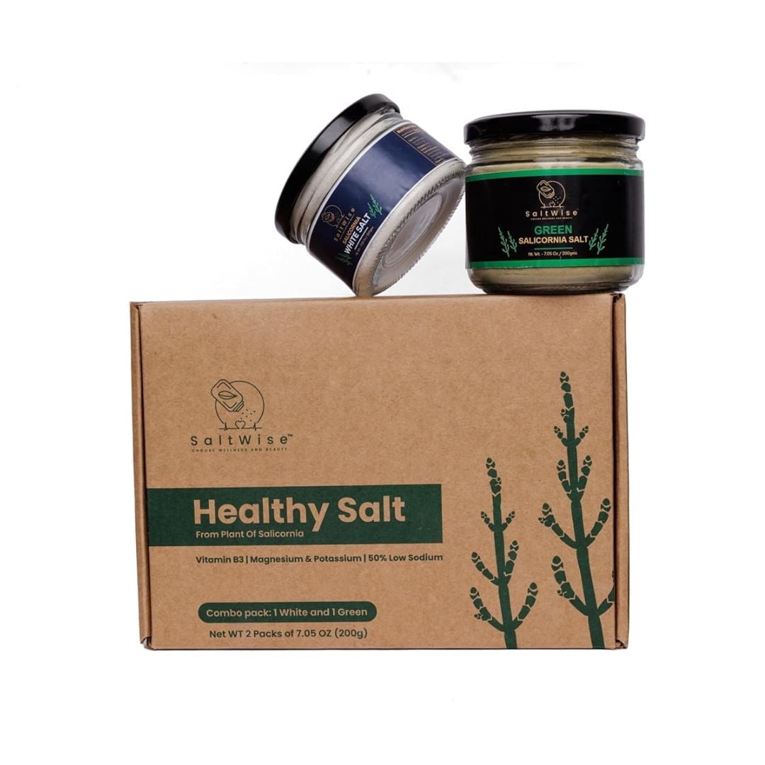 SaltWise Green & White Salicornia Salt Gift Set Low Sodium Plant Based Vegan 14.1 oz 400g Includes Gift Tote & Salt Shaker