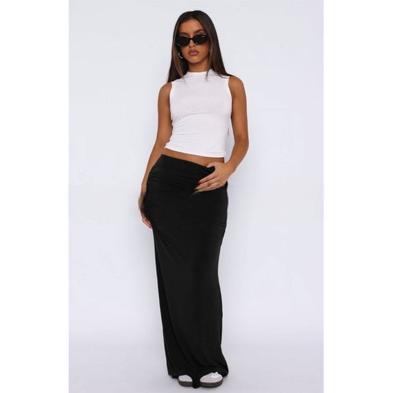 Low waist pleated straight long skirt (S, Black)
