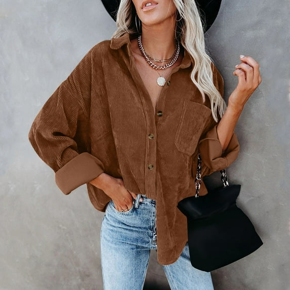 LowProfile Button Down Shirts for Women Casual Long Sleeve Corduroy Shirt Oversized Warm Jacket With Pockets Blouse Tops Brown XL