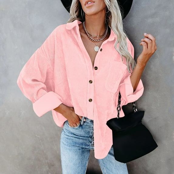 LowProfile Button Down Shirts for Women Casual Long Sleeve Corduroy Shirt Oversized Warm Jacket With Pockets Blouse Tops Hot Pink S