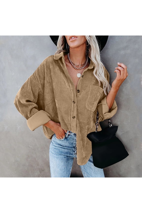 Button Down Shirts for Women Casual Long Sleeve Corduroy Shirt Oversized Warm Jacket With Pockets Blouse Tops Khaki 2XL