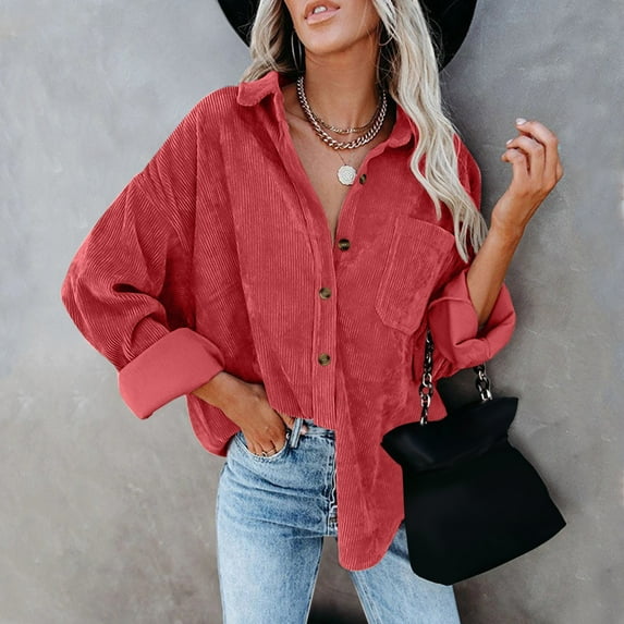 LowProfile Button Down Shirts for Women Casual Long Sleeve Corduroy Shirt Oversized Warm Jacket With Pockets Blouse Tops Watermelon red XL