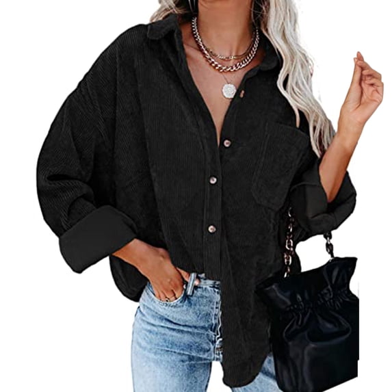 LowProfile Button Down Shirts for Women Casual Long Sleeve V Neck Corduroy95%polye Coat Blouse Tops Black XL