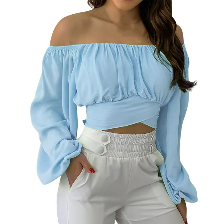 LowProfile Button Down Shirts for Women Long Sleeve Casual Tops Cute Off Shoulder Self Tie Knot Crop Tube Summer Blouse Blue XL