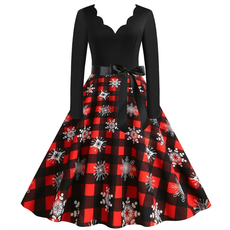 LowProfile Dresses for Women Casual Christmas Winter Fall Plus Size Long Sleeve V Neck Vintage 1950s Housewife Evening Party Prom Party Beach Fashion Dress Red XXL Walmart