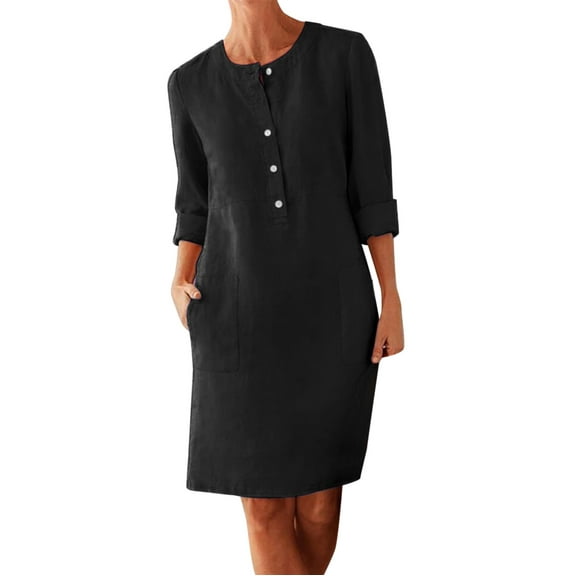 LowProfile Dresses for Women Casual Winter Fall Plus Size Long Sleeve O-Neck Cotton Linen Button Shirt Crewneck Loose With Two Pockets Fashion Dress Black XXL