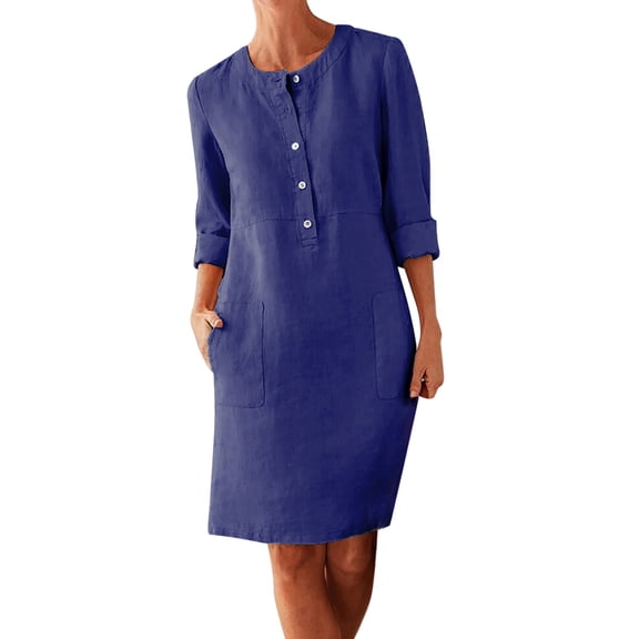 LowProfile Dresses for Women Casual Winter Fall Plus Size Long Sleeve O-Neck Cotton Linen Button Shirt Crewneck Loose With Two Pockets Fashion Dress Blue XXL