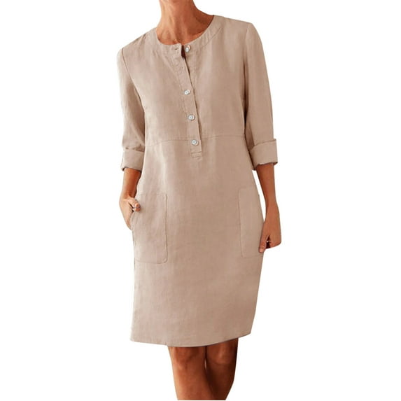 LowProfile Dresses for Women Casual Winter Fall Plus Size Long Sleeve O-Neck Cotton Linen Button Shirt Crewneck Loose With Two Pockets Fashion Dress Khaki M