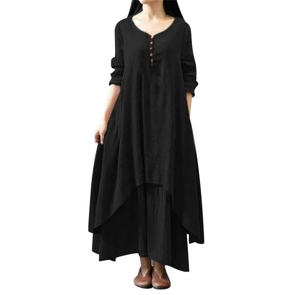 LowProfile Dresses for Women Casual Winter Fall Plus Size Long Sleeve Spring Vacation Two Piece Art Flax Loose Sleeve Fashion Dress Black XXL