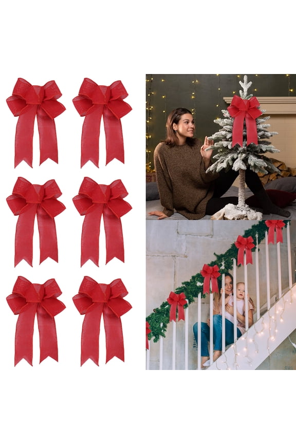 Home Decor 6PCS Christmas Bows Large Christmas Bows Xmas Wreath Ribbon Bows Tree Bows Decorative Burlap Bows Ornaments For Christmas New Year Red Decorations