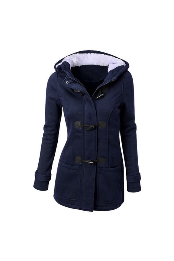 Jacket Coats for Women Plus Size Long Sleeve Casual Tops Fashion Horn Button Fleece Thicken With Hood Warm Winter Fall Coat Navy Blue XXL