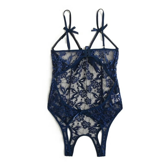 LowProfile Lingerie Bodysuit for Women Plus Size Bow Lace Hollow Open Crotch Teddy Backless Jumpsuit Overalls Blue XXL