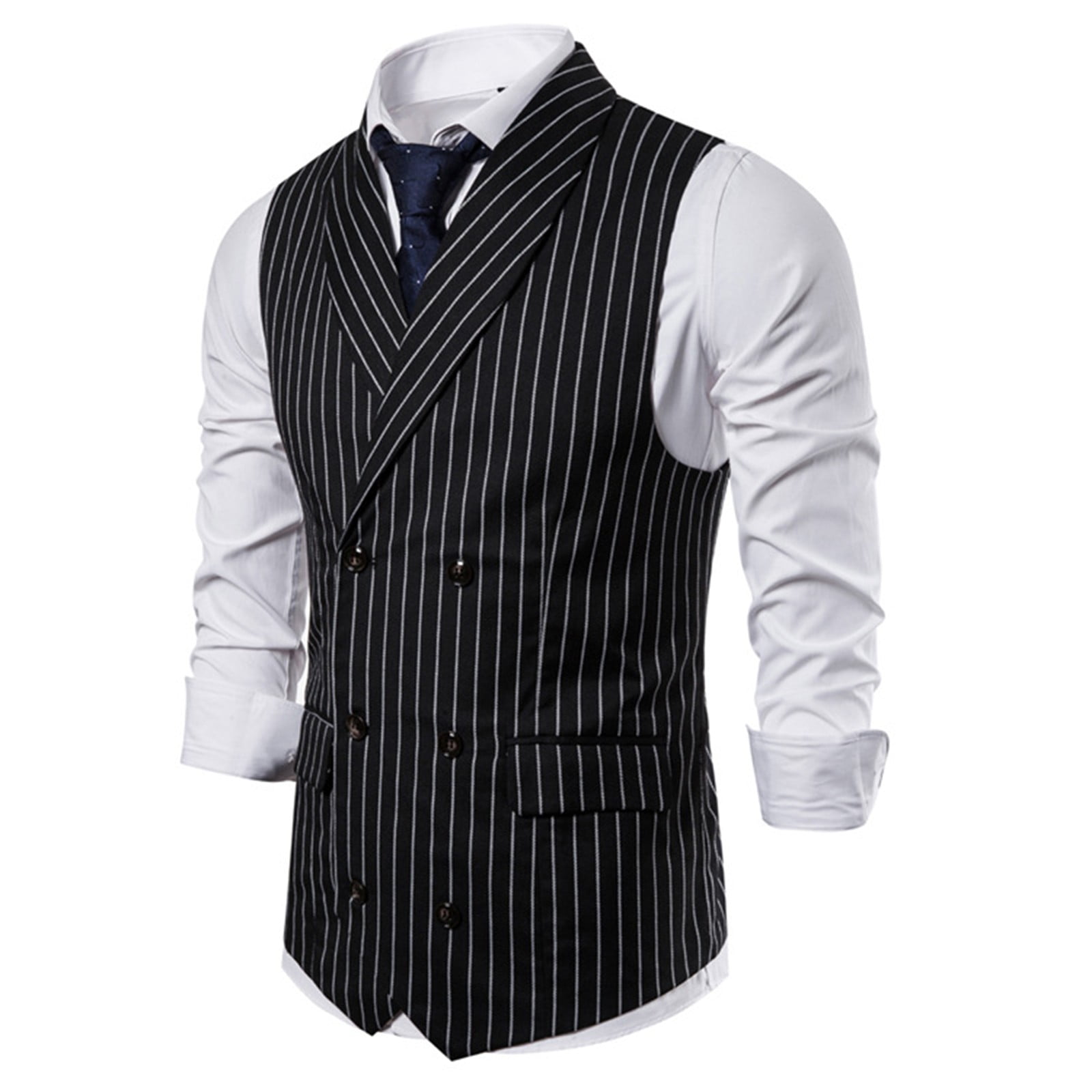 LowProfile Men s Formal Suit Vest Waistcoat Double breasted Pocket Striped Business Casual Wedding Vest Jacket Coat Dress Suits Vests Tops Black L Walmart