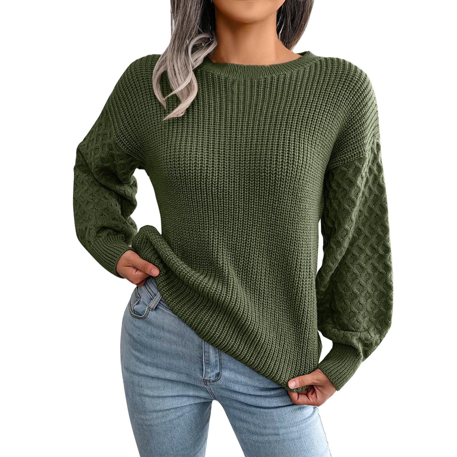 LowProfile Pullover Sweaters for Women Long Sleeve Casual Tops Crew Neck Solid Cable Chunky Oversized Winter Fall Knit Sweater Army Green L