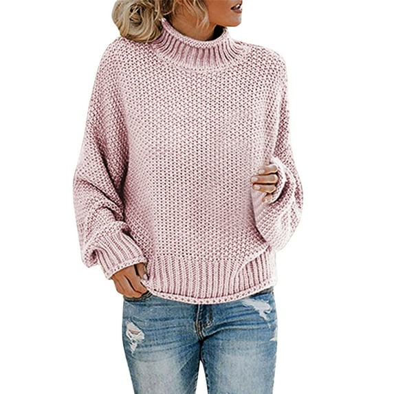 LowProfile Pullover Sweaters for Women Long Sleeve Casual Tops Fashion Thick Thread Turtleneck Winter Fall Knit Sweater Pink XXL