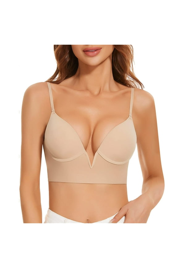 Push Up Bra for Women French Deep V Low Cut Large Open Back U Shaped Beautiful Back Seamless Underwear Small Chest Gathered Anti Sagging Without Steel Ring Bras Beige 34