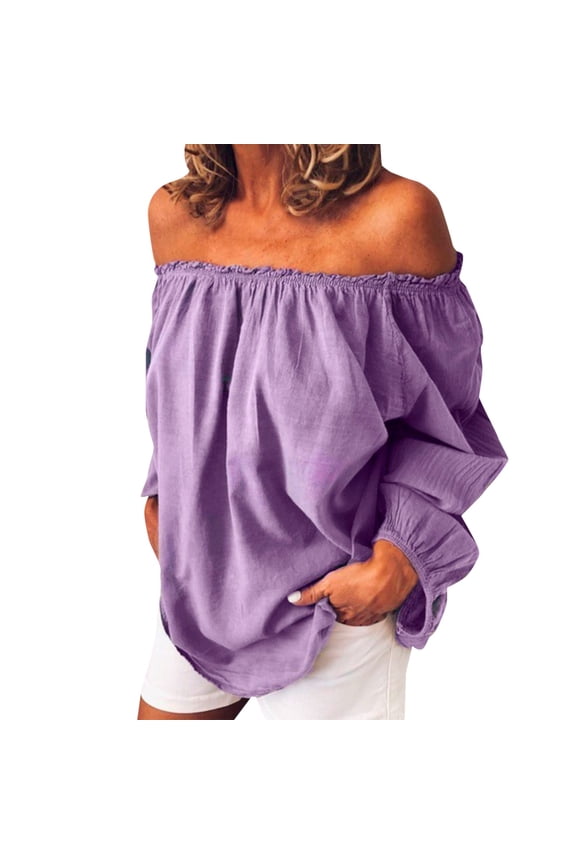 Shirts for Women Plus Size Long Sleeve Casual Tops Blouse Off Shoulder Sleeve Shoulder Summer Loose Ruffle Top Winter Fall T-Shirts Purple 3XL