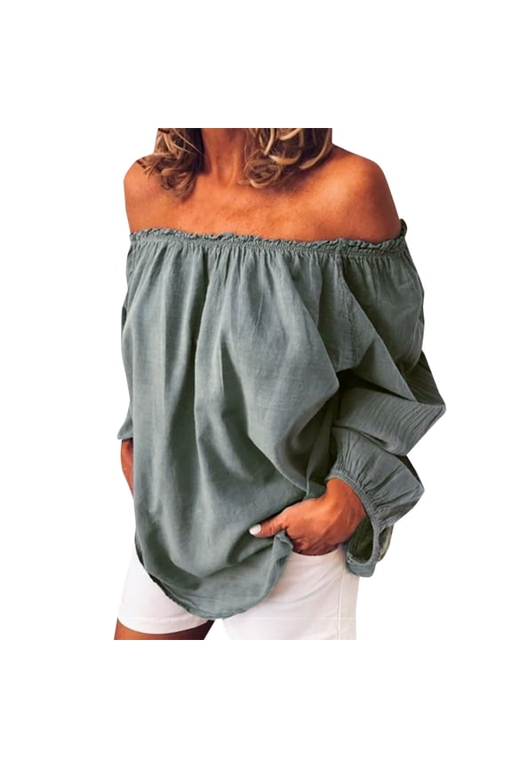Shirts for Women Plus Size Long Sleeve Casual Tops Blouse Off Shoulder Sleeve Shoulder Summer Loose Ruffle Top Winter Fall T-Shirts Blue M