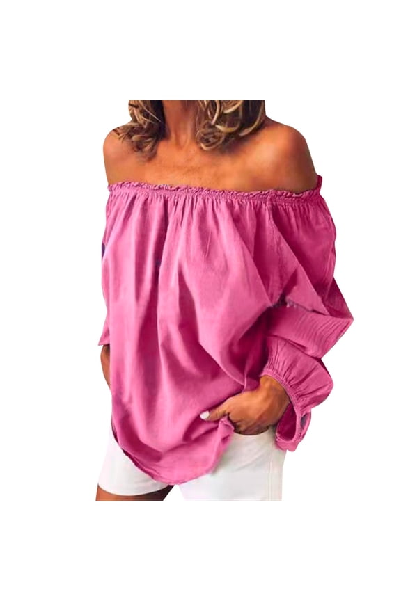 Shirts for Women Plus Size Long Sleeve Casual Tops Blouse Off Shoulder Sleeve Shoulder Summer Loose Ruffle Top Winter Fall T-Shirts Red M