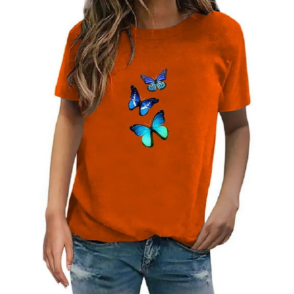 LowProfile Shirts for Women Plus Size Short Sleeve Casual Tops Fashion Trend Butterfly Print Round Neck Top T-Shirts