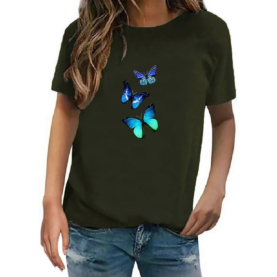 LowProfile Shirts for Women Plus Size Short Sleeve Casual Tops Fashion Trend Butterfly Print Round Neck Top T-Shirts