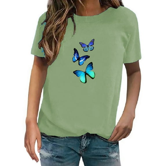 LowProfile Shirts for Women Plus Size Short Sleeve Casual Tops Fashion Trend Butterfly Print Round Neck Top T-Shirts