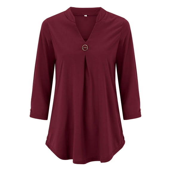 LowProfile Sweatshirt for Women Long Sleeve Casual Tops Spring Three Quarter Sleeve Solid V Neck Buckle Pleated Pullover T Shirt Top Winter Fall Sweatshirts