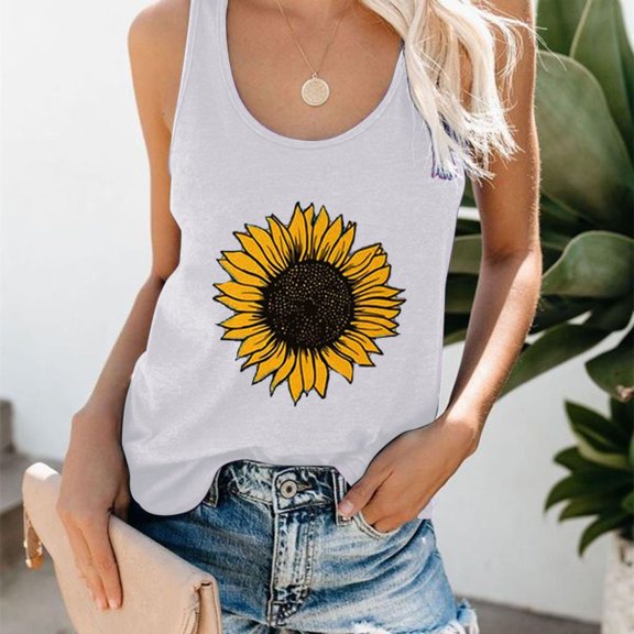 LowProfile Tank Top for Women Casual Sleeveless Print Round Sunflower T-shirt Neck Plus Size Summer Tanks Camis Basic Shirts Tops White M