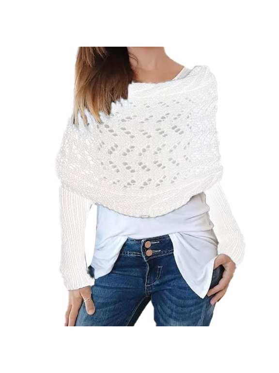 Warm Shawl Wrap Utrum Knitted Cable Wrap Cropped Sweater Knitted With Sleeves White Winter Scarf