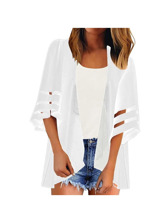 Women Mesh Panel 3/4 Bell Sleeve Pure color Chiffon Casual Loose Kimono Cardigan