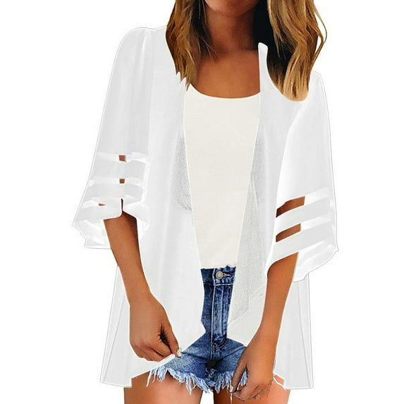 LowProfile Women Mesh Panel 3/4 Bell Sleeve Pure color Chiffon Casual Loose Kimono Cardigan