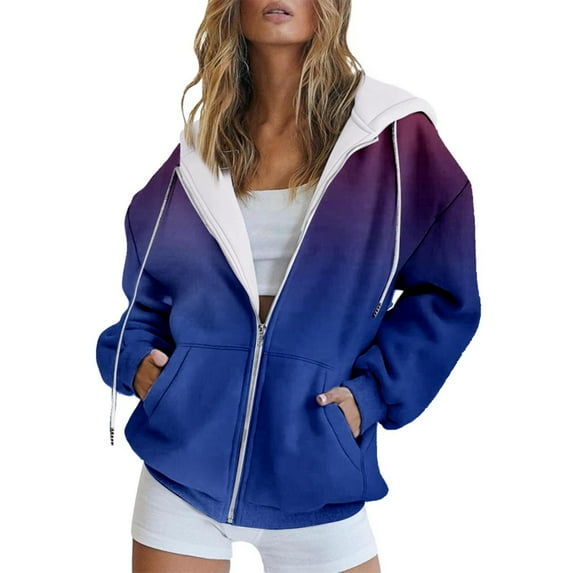 LowProfile Womens Sweatshirts Winter Fall Clothes Long Sleeve Hoodies Fashion Pocket Zipper Sports Loose Gradient Printing Sweaters Outfits Casual Tops XL