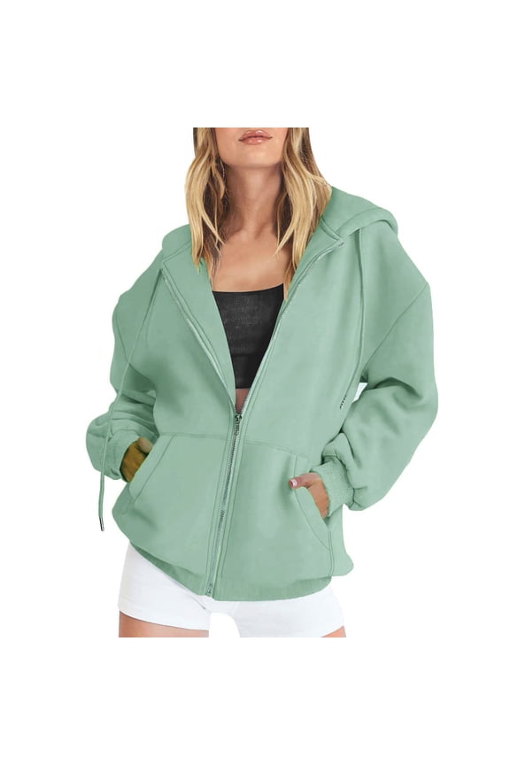Womens Sweatshirts Winter Fall Clothes Long Sleeve Hoodies Oversized Pocket Drawstring Zipper Track Solid Top Sweaters Outfits Casual Tops Mint Green L