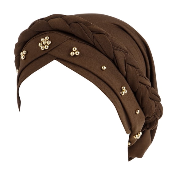 LowProfile Womens Turbans Hat Head Wraps Beaded Headscarf Beanie Twisted Braid Wrap Headwear Cap Coffee