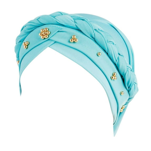 LowProfile Womens Turbans Hat Head Wraps Beaded Headscarf Beanie Twisted Braid Wrap Headwear Cap Light blue