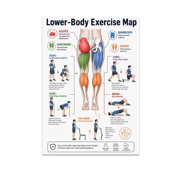 Lower-Body Exercise Map - Gym Beginners, 13 x 19 in Glossy Unframed Wall Poster, Vertical