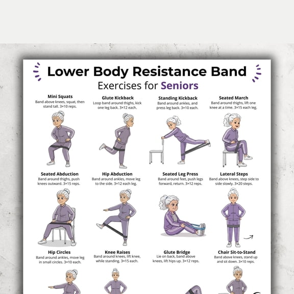Lower Body Resistance Band Exercises Poster for Seniors Leg Hip Glute Balance Workout Chart