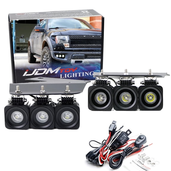 Lower Bumper Fog Triple LED Pod Lamp Kit For 2010-2014 Ford F-150 Raptor, Includes (6) 10W High Power LED Pod Lights, Lower Bumper Fog Area Mounting Brackets & Wiring Harness